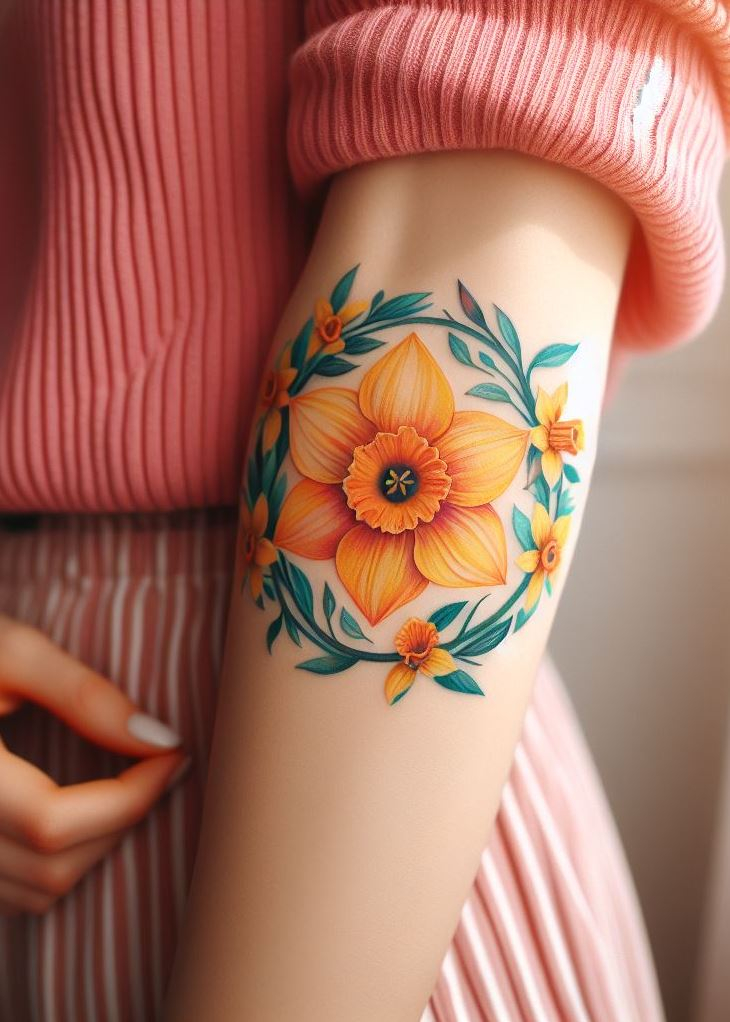Daffodils? More like dazzle-doodles! This geometric daffodil wreath tattoo is a show-stopping way to rep your March birthday. It's as bold and beautiful as you are, darling.