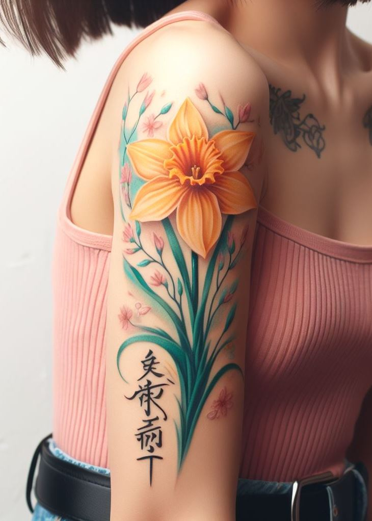Daffodil Dreams: 🌼 Embrace the spirit of spring with a delicate daffodil tattoo. The graceful script intertwines with the trumpet-shaped petals, symbolizing hope, rebirth, and courage. Perfect for those who bloom with positivity! 🌱✨