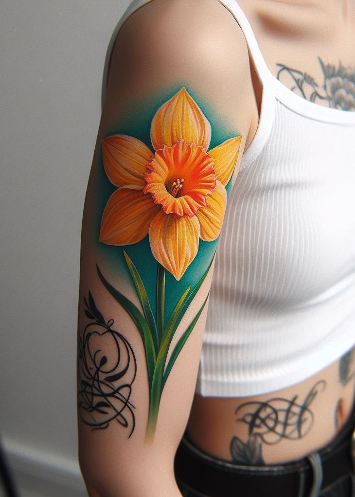 Ink Your Story: 📜✒️ Let the daffodil’s sunny hues inspire your next tattoo. The elegant script dances around the vibrant flower, whispering tales of resilience and new beginnings. Wear it proudly—it’s your unique chapter in the book of life! 🌼🌿