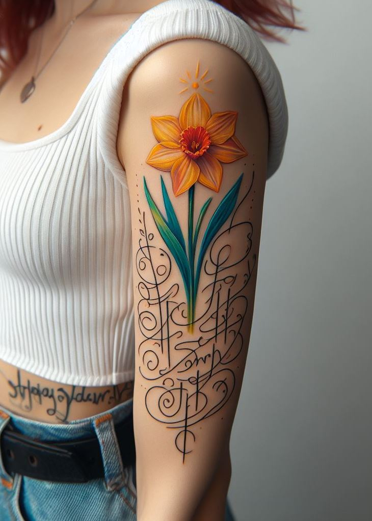Whimsical Blooms: 🎨🌸 Picture this: a daffodil in full bloom, its golden petals adorned with delicate cursive. This tattoo celebrates March birthdays, evoking the magic of spring and the promise of brighter days. Wear your birth-flower story with pride! 🌼🌟