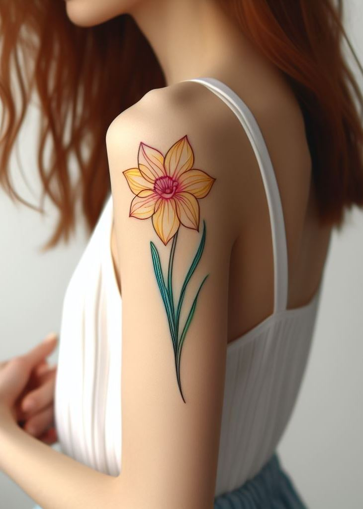 Petals of Optimism: 🌼🌿 Picture a delicate daffodil, its golden trumpet whispering hope and cheer. This minimalist tattoo celebrates March birthdays with a touch of elegance. Wear it proudly—it’s your personal ray of sunshine! ☀️✨