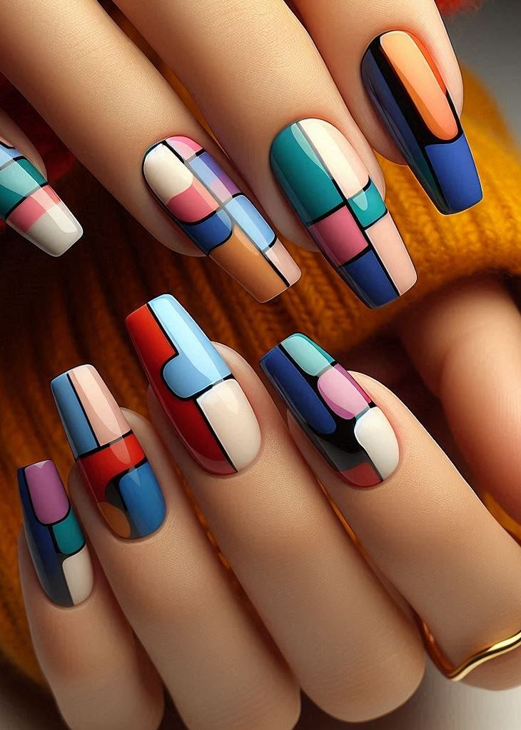 Abstract Nail Art: It's Not Just Random Splotches (We Promise!) | Pocoko Geometric Glam: Color Blocking Nails with Sharp Lines Feeling fancy? Elevate your Color Blocking Nails with a touch of geometric glam! Use contrasting colors and sharp lines to create clean, geometric shapes on your nails. It's the perfect way to add a touch of sophistication to this bold trend.