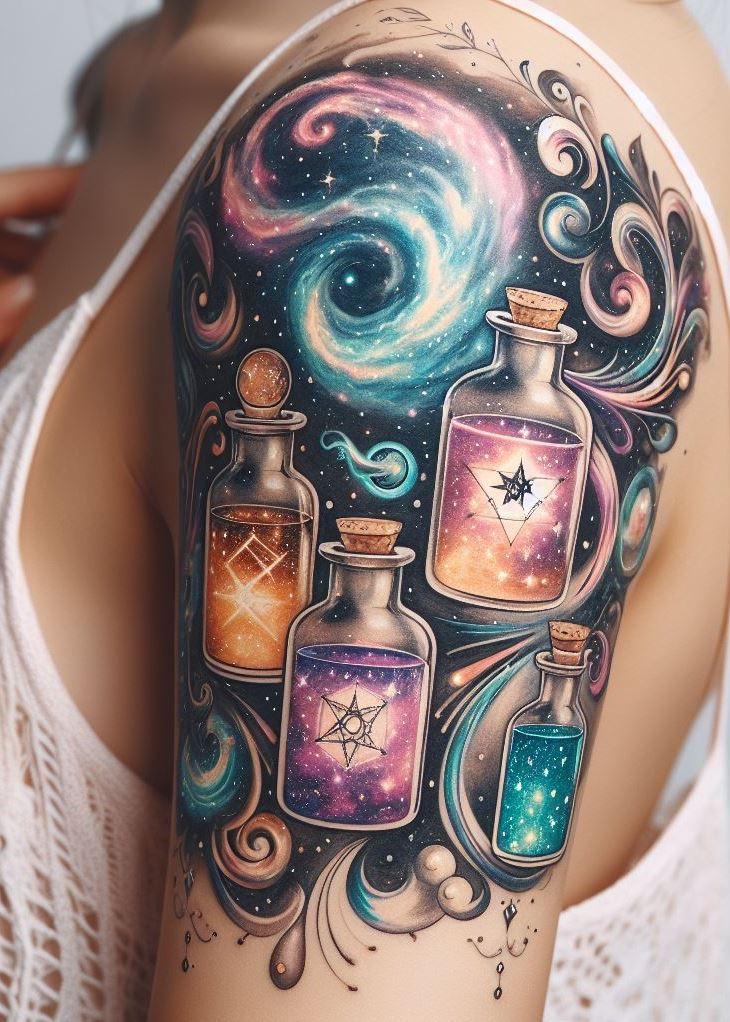 Lunar Light: A Moonlit Potion Bottle Tattoo with Glowing Crescent Moon: Harness the magic of the moon with a luminous potion bottle tattoo bathed in the glow of a crescent moon. The shimmering liquid within symbolizes the ever-changing tides of fate and the potent energy you hold within.