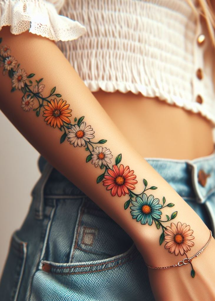 Sun-Kissed Links: ☀️🌼 Picture a delicate daisy chain, each petal a sun-kissed link connecting memories. This tattoo whispers of innocence, joy, and the carefree dance of spring. Wear it proudly—it’s your personal flower crown! 🌸🌿