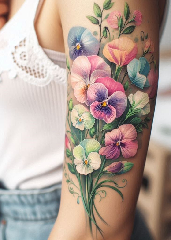 Sprinkle some sweetness on your skin with this adorable April birth month tattoo - a charming bouquet of sweet peas! It's perfect for the woman who's delicate but definitely packs a punch.