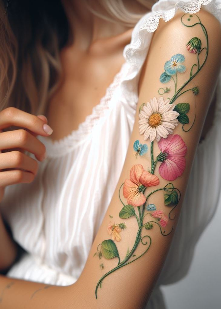 Sun-Kissed Blooms: 🌼🌱 Imagine a daisy twined with sweet peas—their colors blending like a sun-kissed garden. This tattoo whispers of innocence, joy, and the delicate dance of spring. Wear it proudly—it’s your personal bouquet of memories! 🌸✨