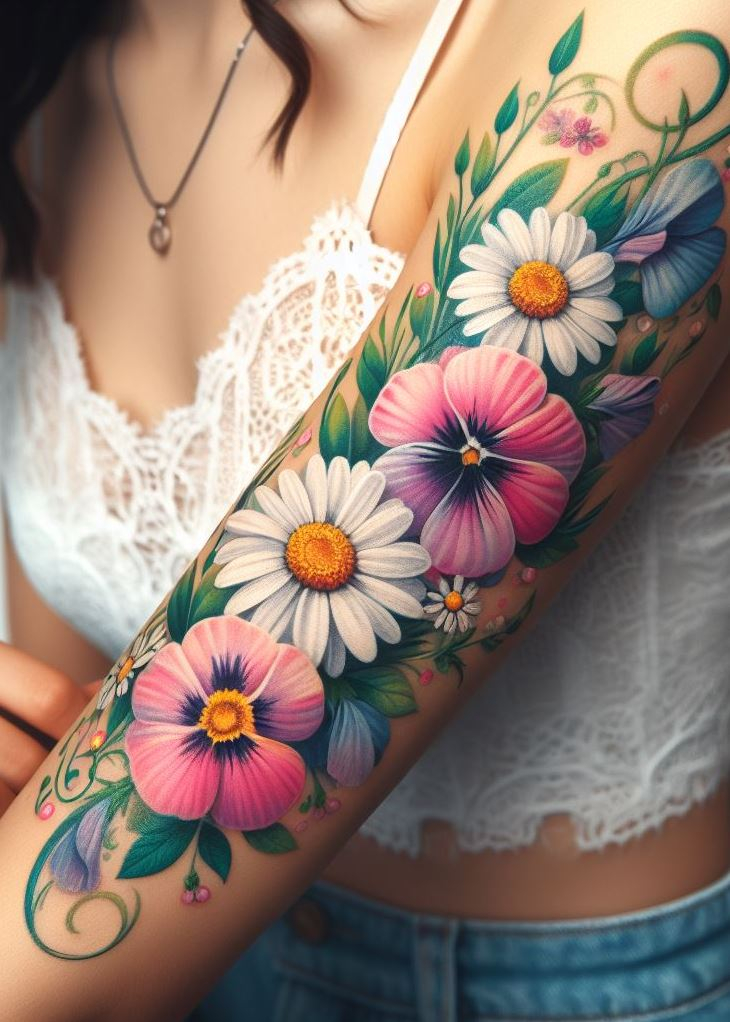 Petals and Whispers: 🌿🌼 A daisy and sweet pea entwined—a poetic ode to gratitude and appreciation. The daisy symbolizes optimism, while the sweet pea carries tender memories. Ink this mix on your skin, and let it bloom with every step! 🌷🌟