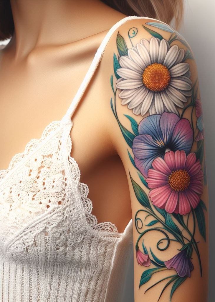 Harmony in Ink: 🎨🌸 Picture delicate daisies and sweet peas, their stems forming a harmonious blend. This tattoo captures the essence of April—youthful joy, love, and the promise of warmer days. Wear it as your own floral symphony! 🌼💕