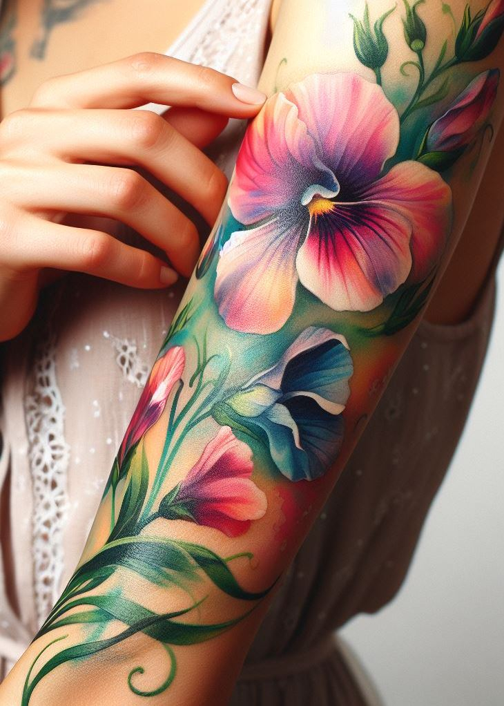 Elegance in Bloom: 🌸 Sweet Pea watercolor tattoos capture the delicate beauty of April’s birth flower. These inked petals symbolize gratitude and affection, making them perfect for expressing appreciation or commemorating cherished moments. Wear your gratitude with style!