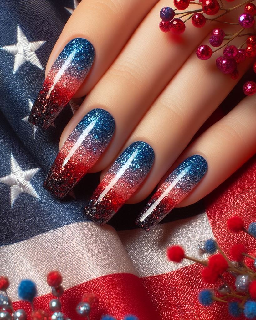 Patriotic Flames for Fun: Paint your nails red at the base and transition to a white tip using an airbrush or makeup sponge for a blended flame effect. Finish with a thin blue line near the cuticle, ideal for celebrating the fiery spirit of the 4th of July.