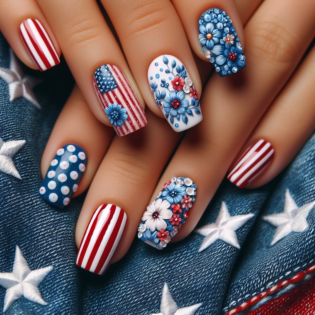 Patriotic French with Blooming Tips: Do a classic French manicure with white tips. Instead of plain white, paint a small red or blue flower design on each white tip for a subtle touch of patriotism and blooming beauty.