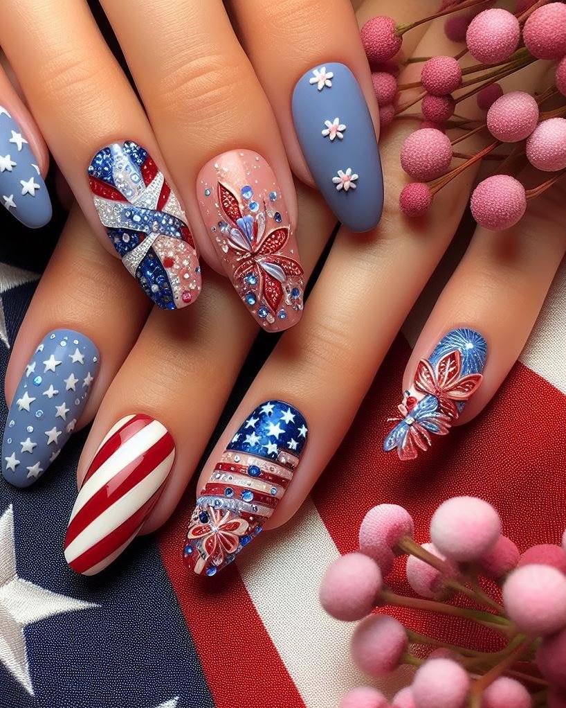 Firecracker Frenzy for Fireworks: Paint your nails white and use a dotting tool to create tiny red, blue, and white firecracker shapes at the tips. Add a touch of glitter for an extra celebratory sparkle, perfect for watching the 4th of July fireworks light up the night sky.