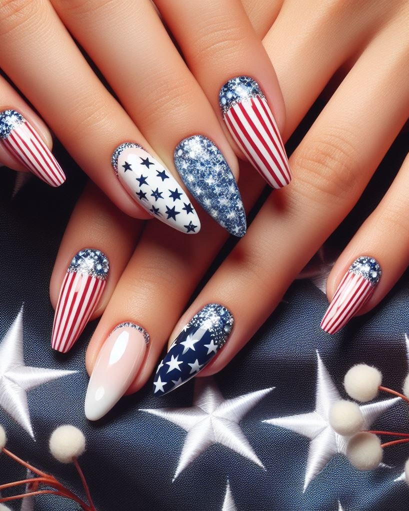 Patriotic Matte and Glossy Combo: Paint your nails white and use red and blue striping tape to create stripes. Apply a matte top coat over the entire design and then a glossy top coat just on the stripes for a unique textural contrast.