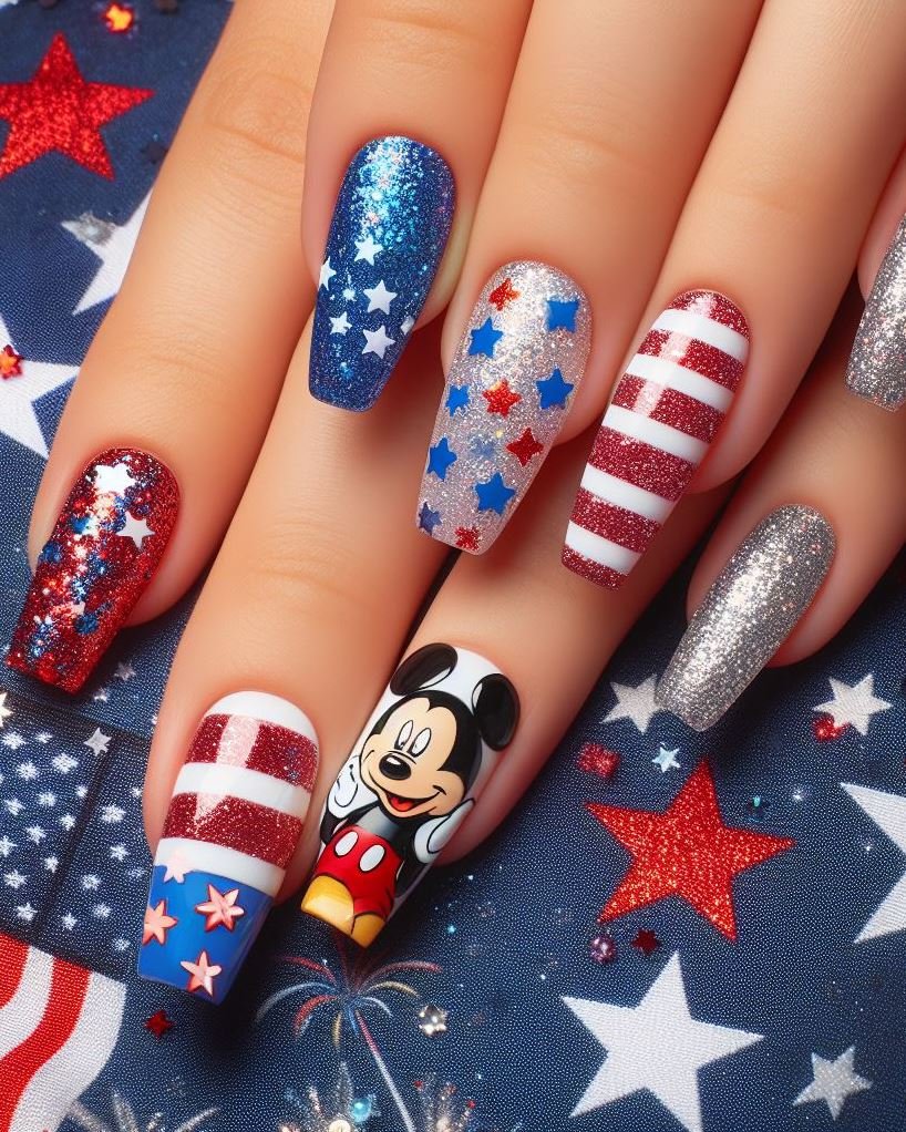 Patriotic Mismatched Mani: Paint each nail a different color (red, white, and blue) for a playful and mismatched look. Add a touch of glitter or a small charm to one or two nails for extra personality.