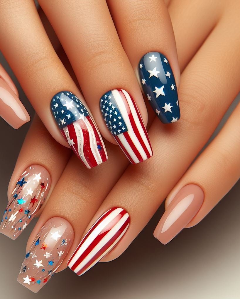 Patriotic Gradient with Stencil Stars: Paint your nails white at the base and transition to a red or blue tip using an airbrush or makeup sponge. Once dry, use a star-shaped stencil to paint small white stars over the gradient for a subtle starry sky effect.