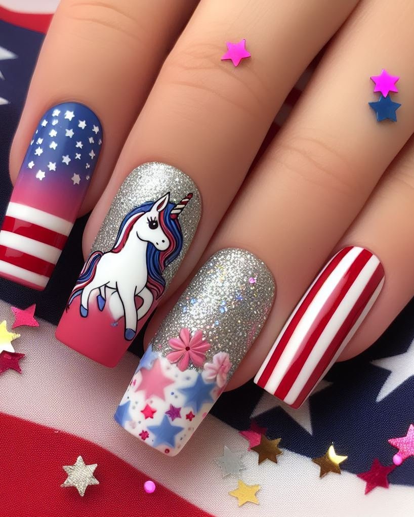 Freedom's Flight: Paint a majestic white unicorn soaring through a sky filled with fluffy white clouds and tiny red and blue stars on your accent nail. Keep the rest of your nails white for a touch of elegance.