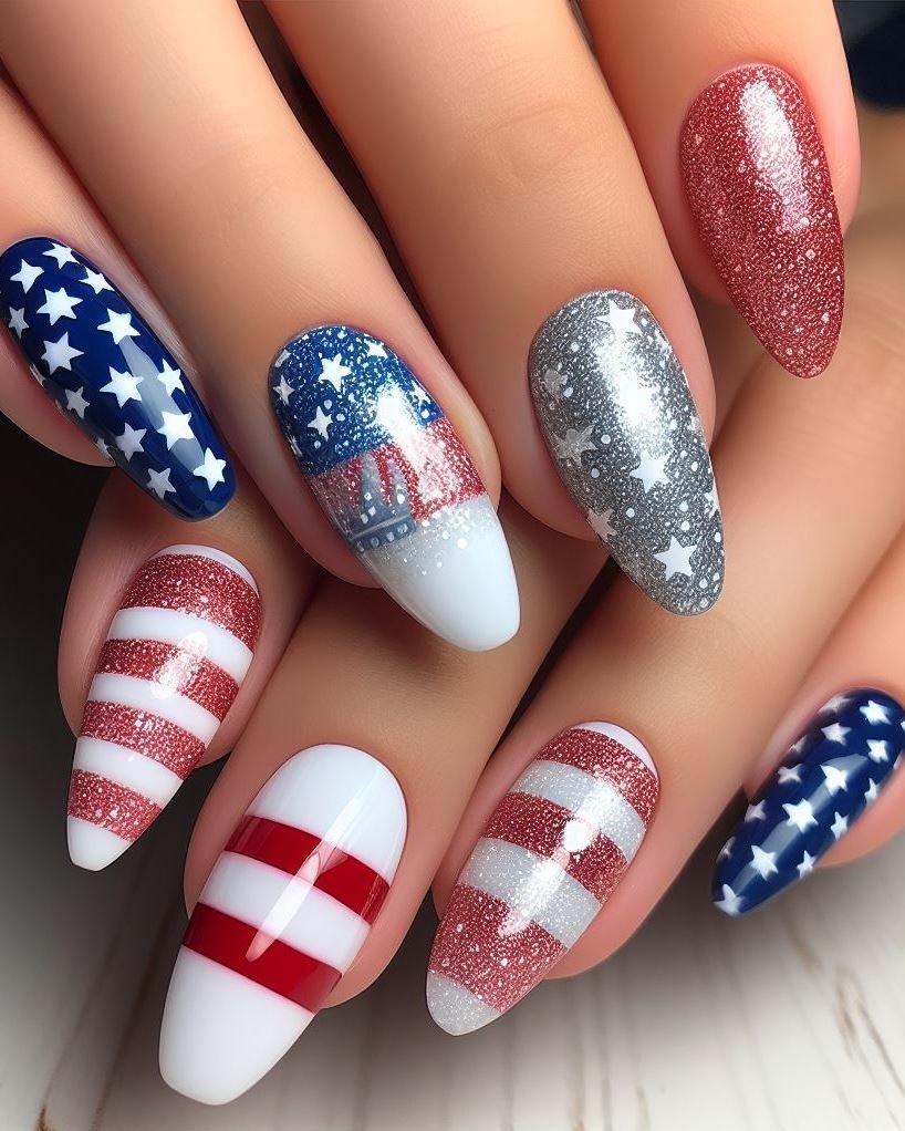 Patriotic Textured Swirls: Paint your nails white as a base. Use a dotting tool with textured red and blue nail polish to create swirling patterns that resemble fireworks.