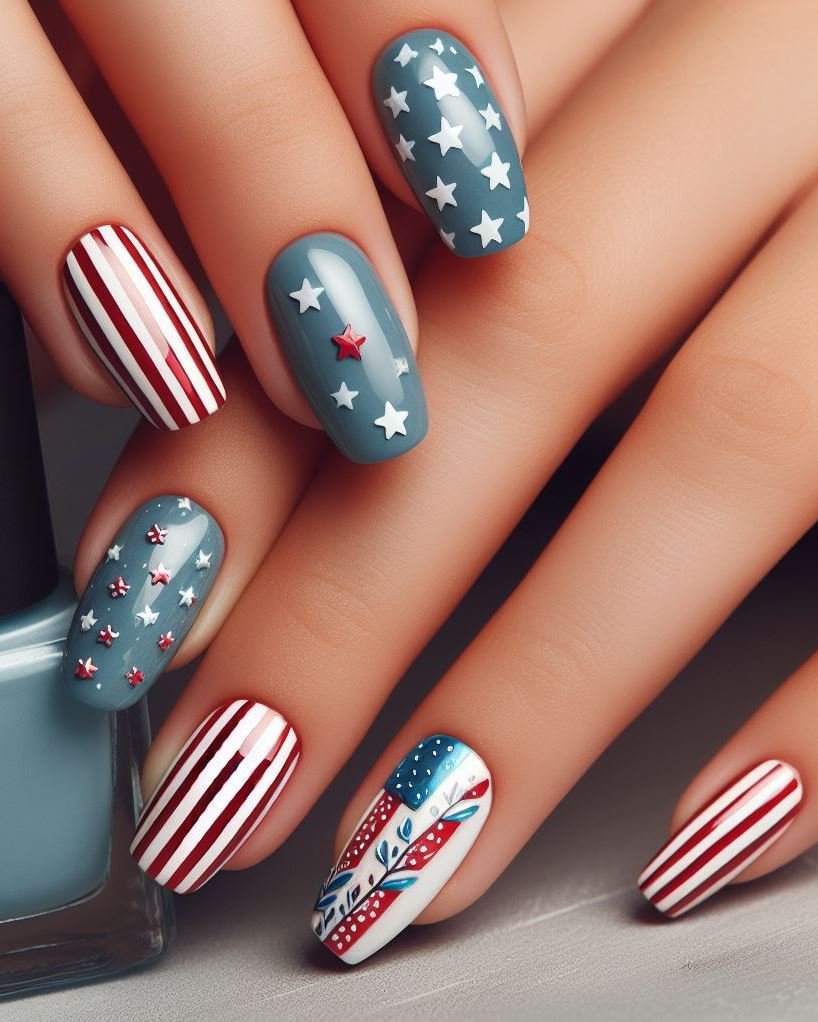 Patriotic Textured Stripes with Studs: Paint your nails white and use red and blue textured striping tape to create thin stripes. Add a single silver stud accent on each nail for a touch of glam.