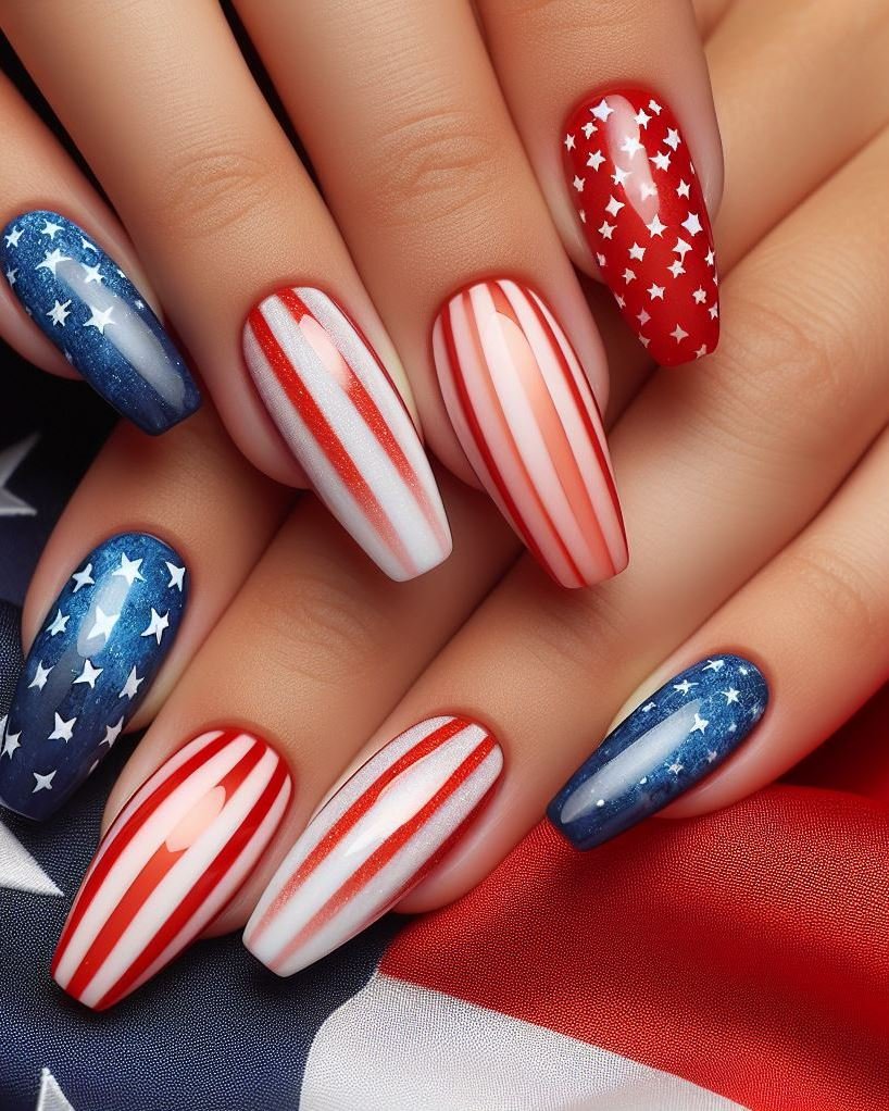 Patriotic French Tip Twist for Festivities: Do a classic French manicure with white tips, but instead of plain white, use a red and blue glitter blend for a festive twist, perfect for adding a touch of 4th of July fun to your fingertips.
