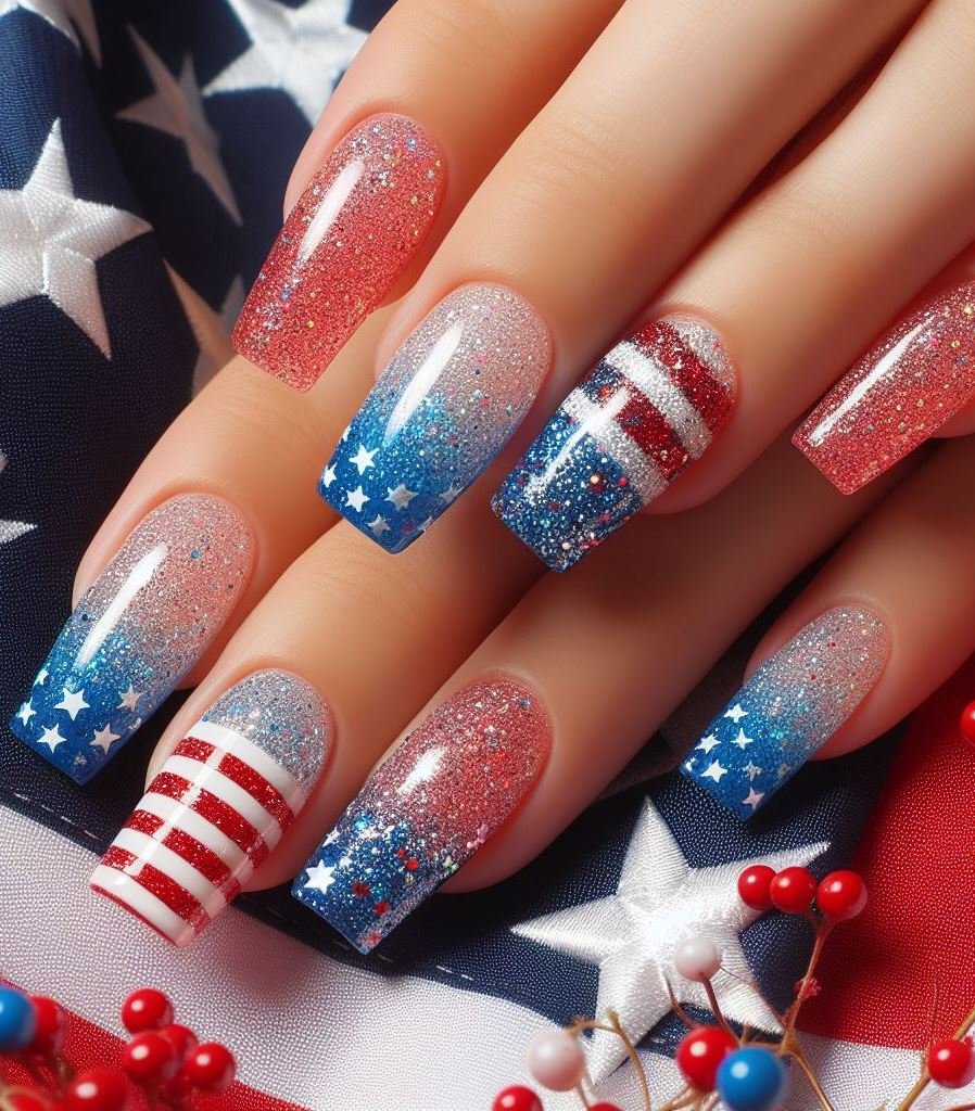 Patriotic Watercolour Lettering: Paint your nails white and use a small nail art brush to write "USA" or "Happy 4th" in a red or blue watercolor style for a personalized and artistic touch.