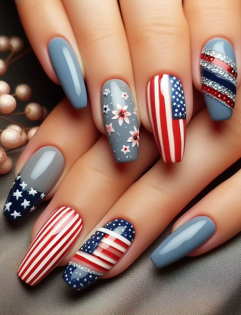 Patriotic Marbleized Nails with Foil: Use a water marbling technique with red, white, and blue nail polish to create a swirled design. Add a small piece of crumpled gold or silver foil for a touch of elegance.
