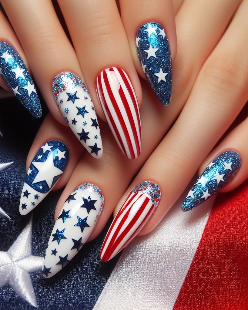 Patriotic French with Glitter Tips: Do a classic French manicure with white tips, but instead of plain white, use a red or blue glitter polish for a festive and sparkly twist.