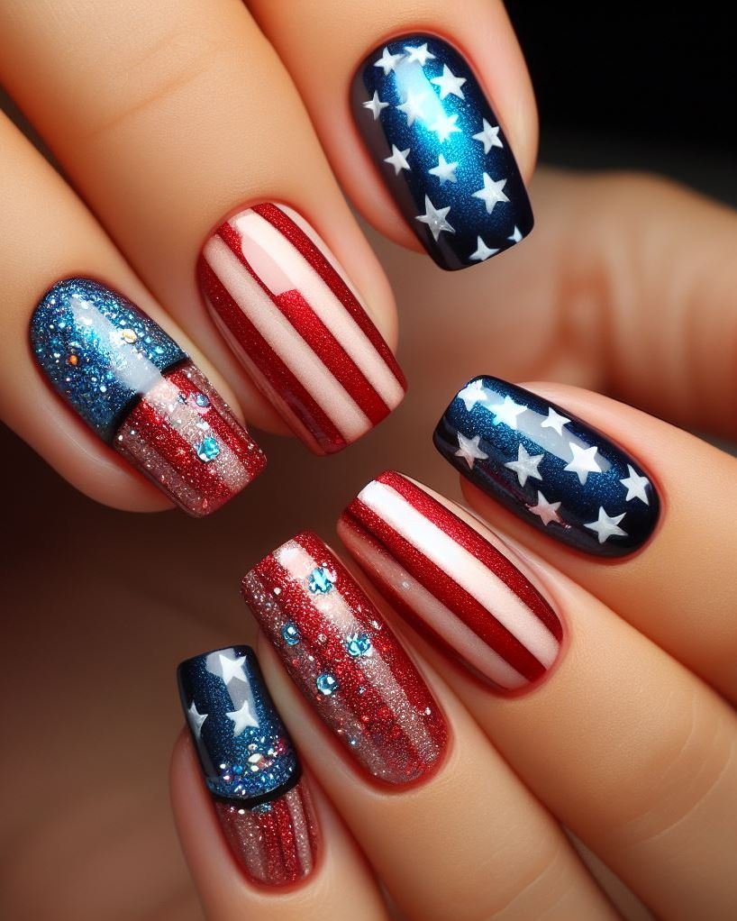 Patriotic Gradient Flame with Stencil: Use an airbrush or makeup sponge to create a red, white, and blue gradient flame design on your nails. Stencil a small star on top for a finishing touch.