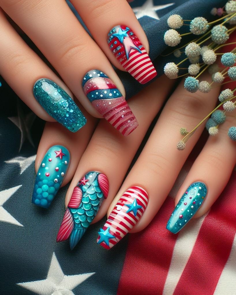 Patriotic Constellation: Paint your nails black and use a dotting tool with white and silver polish to create a constellation design with stars in the shape of hearts or eagles.