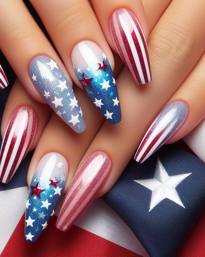 Patriotic Textured Waves: Paint your nails white and use a textured red and blue nail polish to create wavy lines that resemble the American flag.