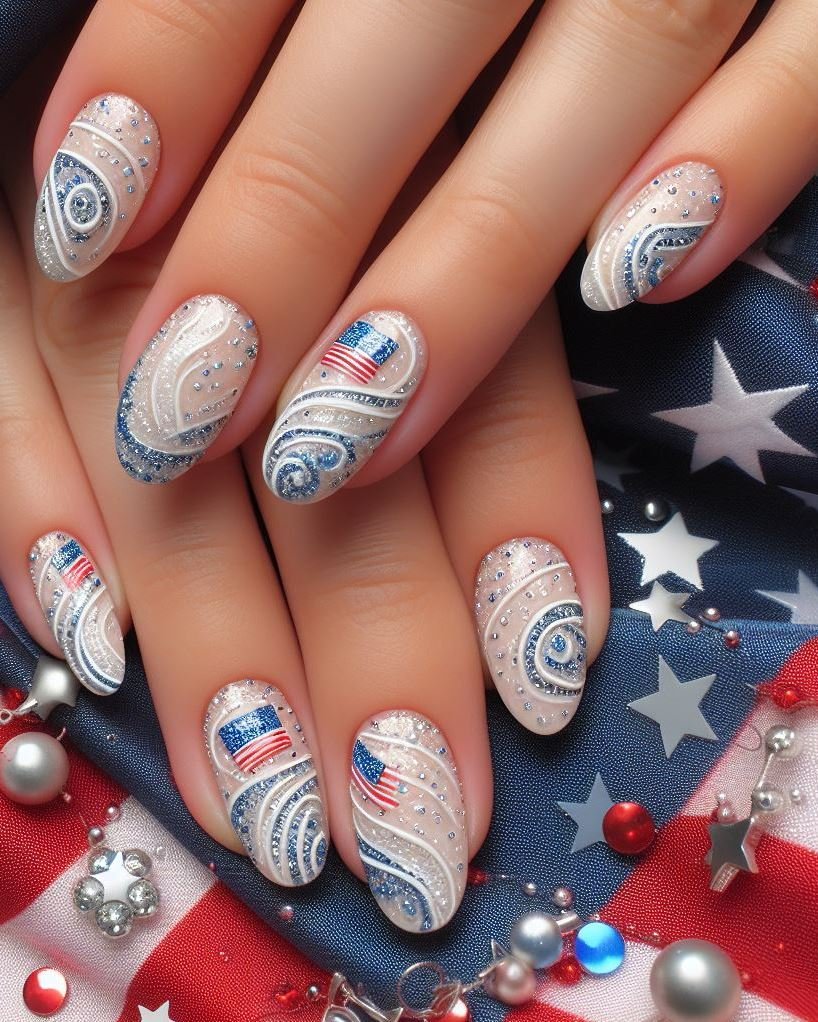 Patriotic Micro French: Paint your nails white and use a tiny nail art brush to create ultra-thin red and blue French tips for a minimalist and elegant look.