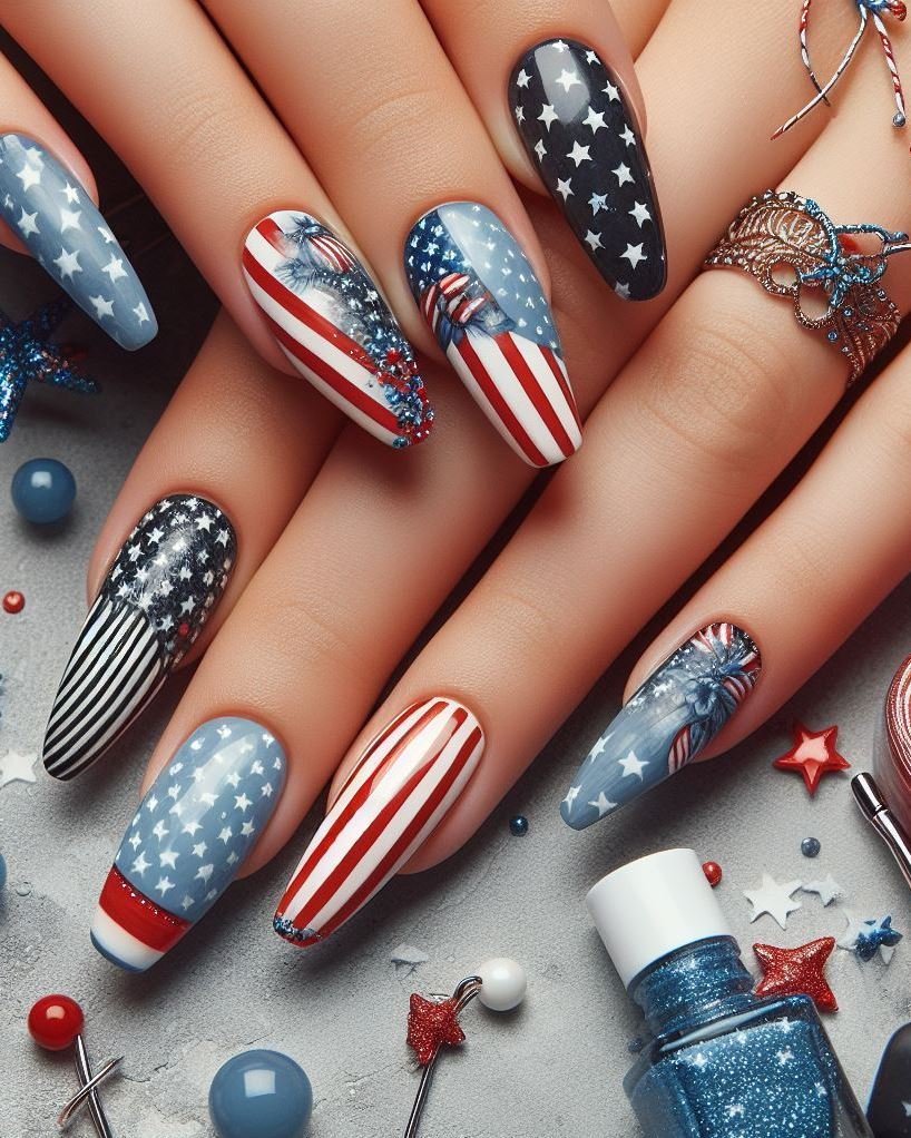 Sparkling Stripes for Street Fairs: Paint your nails white and use red and blue striping tape to create thin stripes. Apply a coat of clear glitter polish over the entire design for extra sparkle, perfect for dazzling at a lively 4th of July street fair.