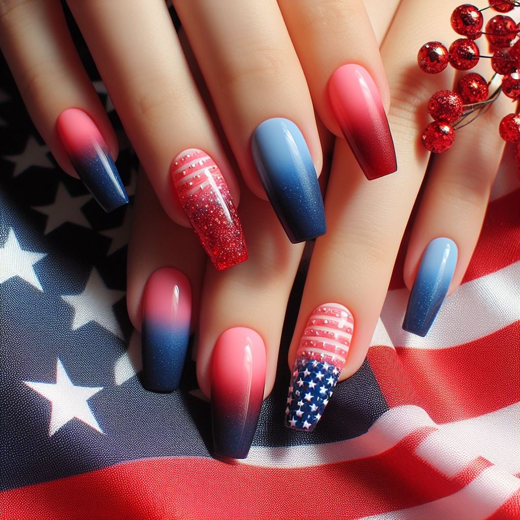 Patriotic French Ombré: Paint the tips of your nails red and transition to a white base using an airbrush or makeup sponge for a blended effect. Add a thin blue line near the cuticle.