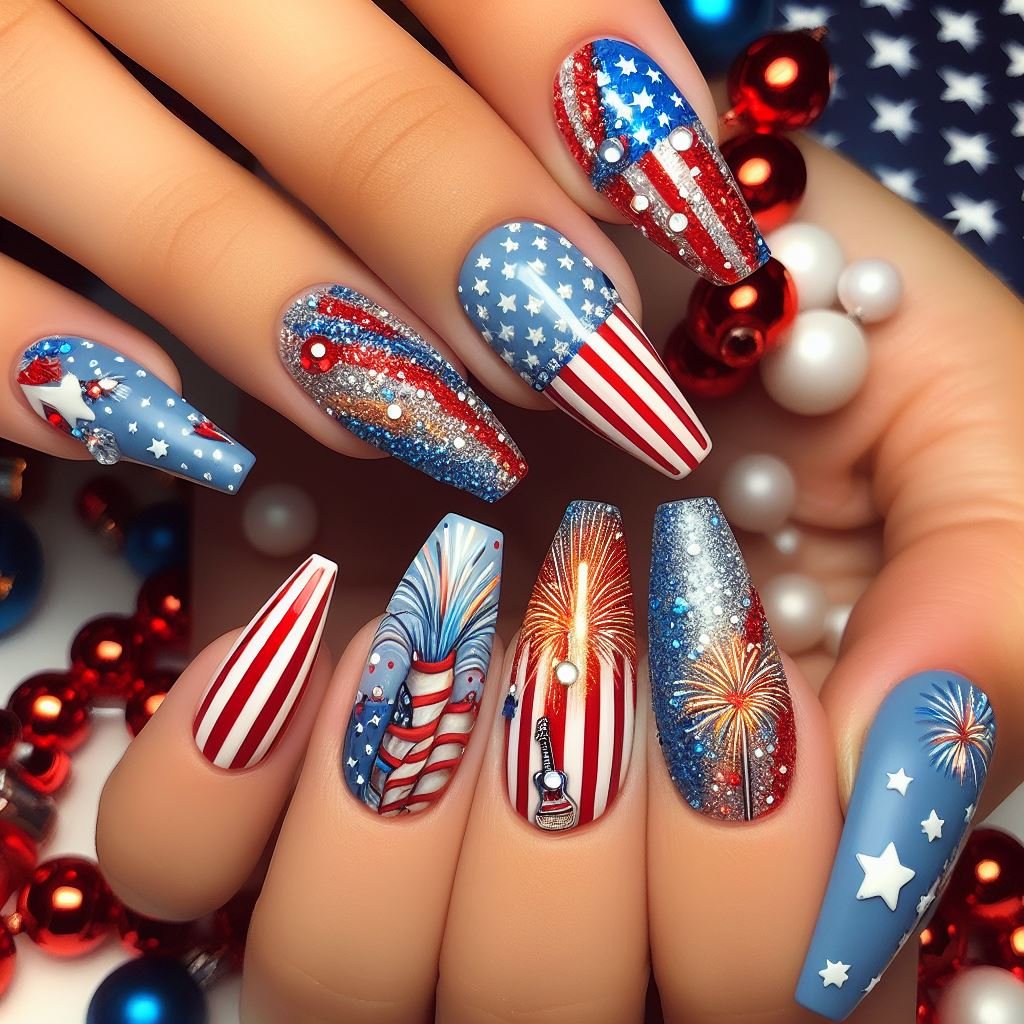 Patriotic Textured French: Paint the tips of your nails with a textured red or blue nail polish and keep the base white for a unique twist on the classic French manicure.