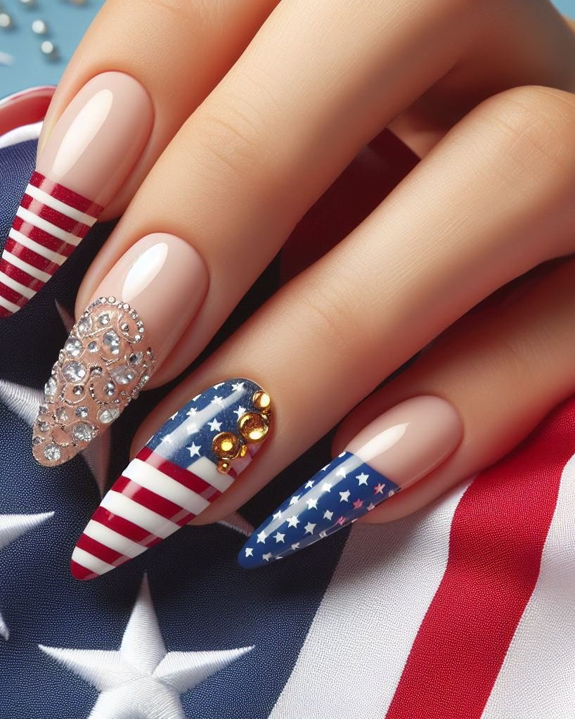 Patriotic French with Stars: Do a classic French manicure with white tips, but add tiny red and blue stars scattered across the white section for a touch of whimsy.