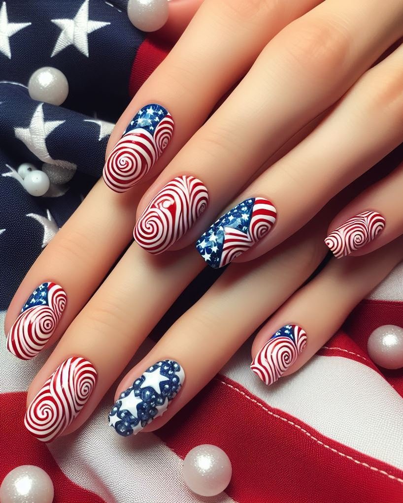 Patriotic Comic Book Boom: Paint your nails white and use a black nail art pen to draw a bold "BOOM" sound effect in red or blue with speech bubbles on each nail.