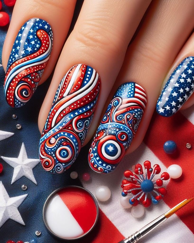 Patriotic Glitter Gradient: Paint your nails white at the base and gradually increase the concentration of red and blue glitter towards the tips for a festive gradient effect.