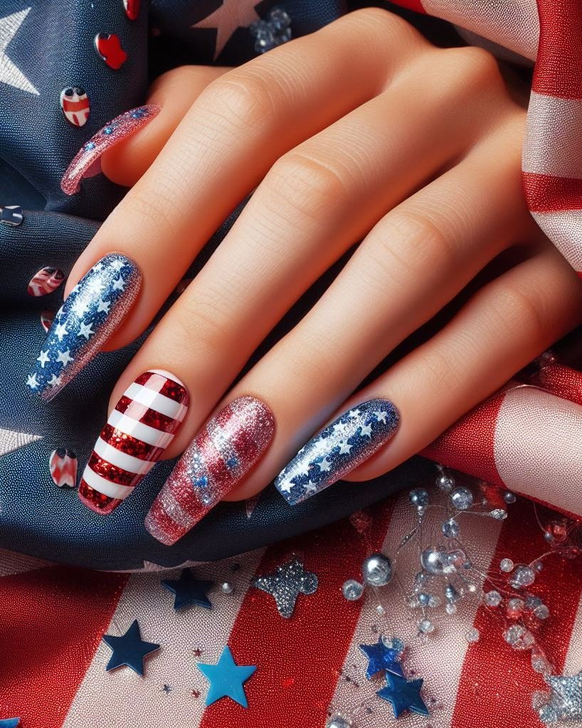 Patriotic Confetti Gradient: Paint your nails white at the base and gradually increase the concentration of red, white, and blue confetti nail art decorations towards the tips.