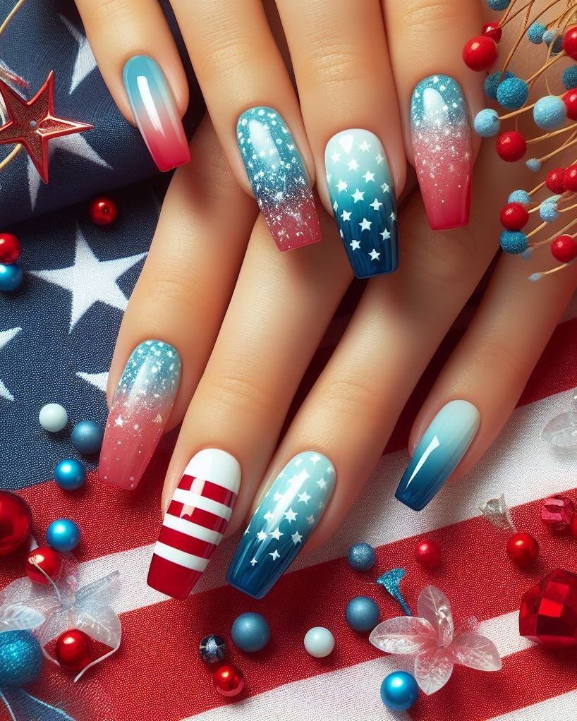 Patriotic Fireworks for Freedom: Paint your nails white and use red and blue striping tape to create geometric firework shapes. Add a touch of glitter for added pop, ideal for celebrating freedom on the 4th of July.