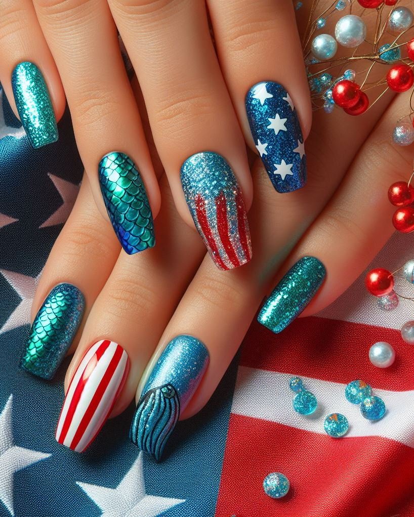 Patriotic Textured Nails: Paint your nails white and use a textured red and blue nail polish to create a checkerboard pattern on an accent nail.