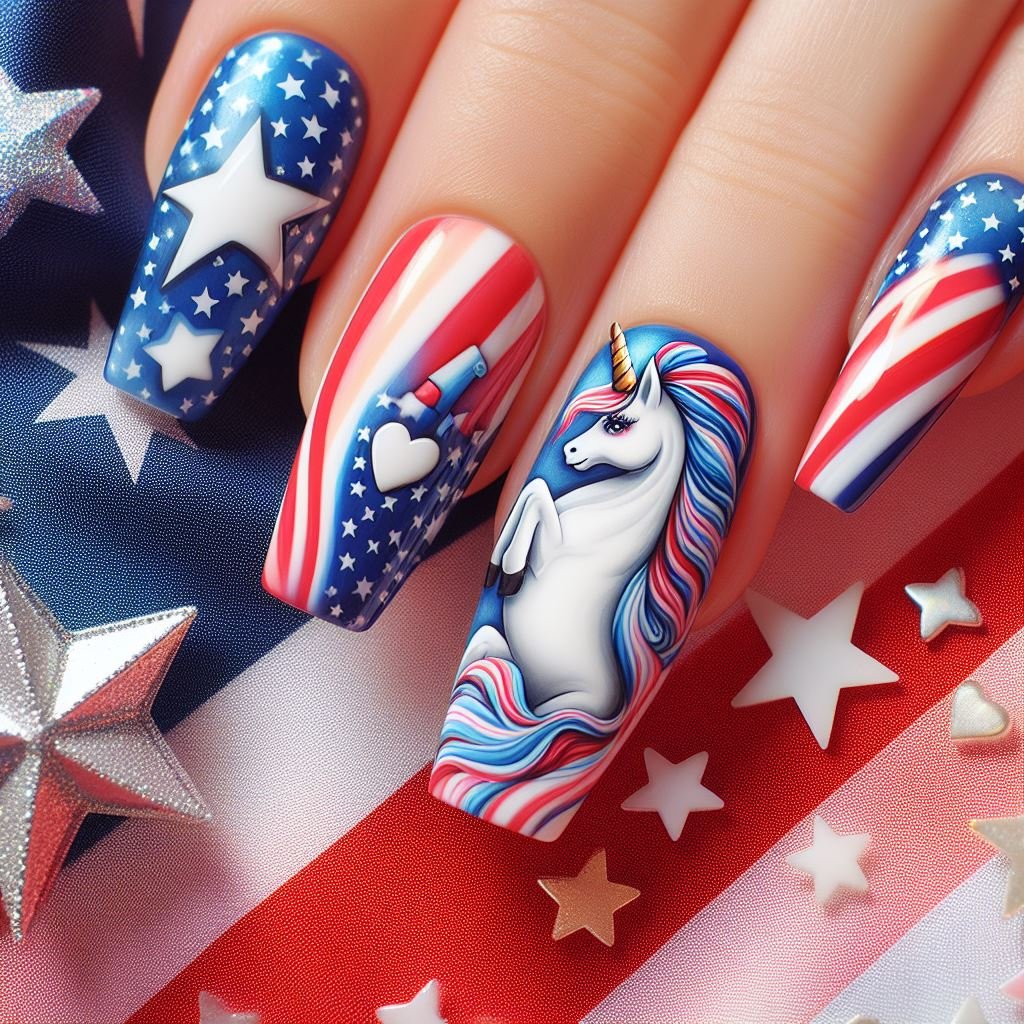 Patriotic Mane: Paint a playful unicorn with a flowing mane in red, white, and blue stripes. Keep the rest of your nails a crisp white for a whimsical and patriotic look.
