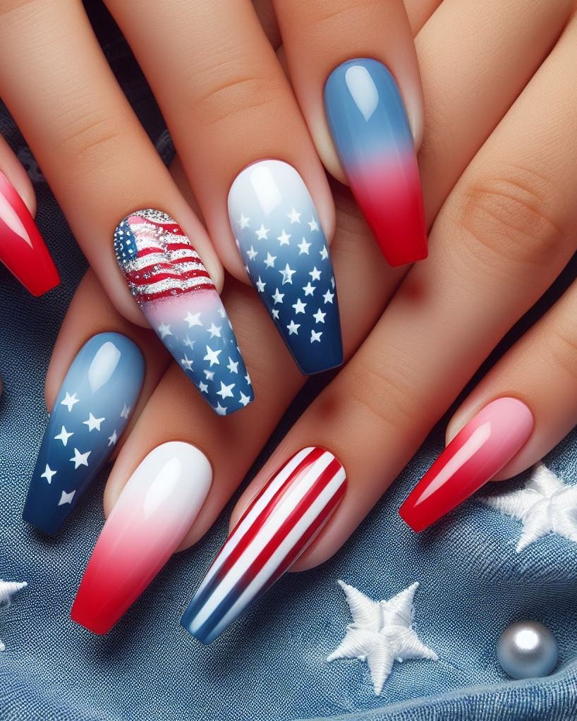 Patriotic Chevron: Paint your nails white and use red and blue striping tape to create alternating chevron patterns on each nail.