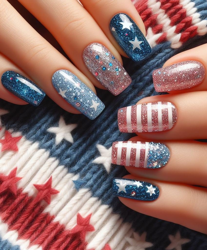 Watercolor Liberty Bell: Paint your nails white and use a watercolor technique with red and blue polish to create a miniature liberty bell design on an accent nail.