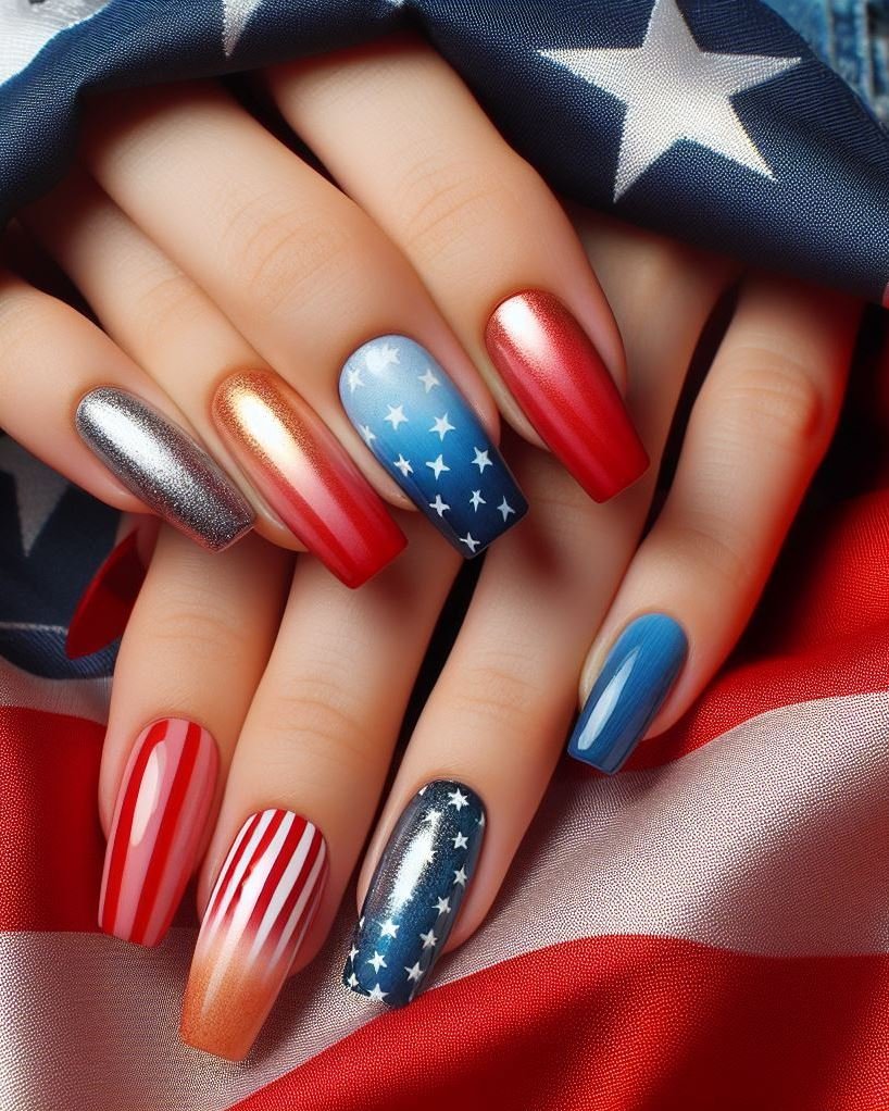 Patriotic Ombre for BBQs: Blend red at the base of your nails to white at the tips for a festive ombre effect. Finish with a thin blue line near the cuticle, perfect for showing your spirit while enjoying a delicious 4th of July BBQ.