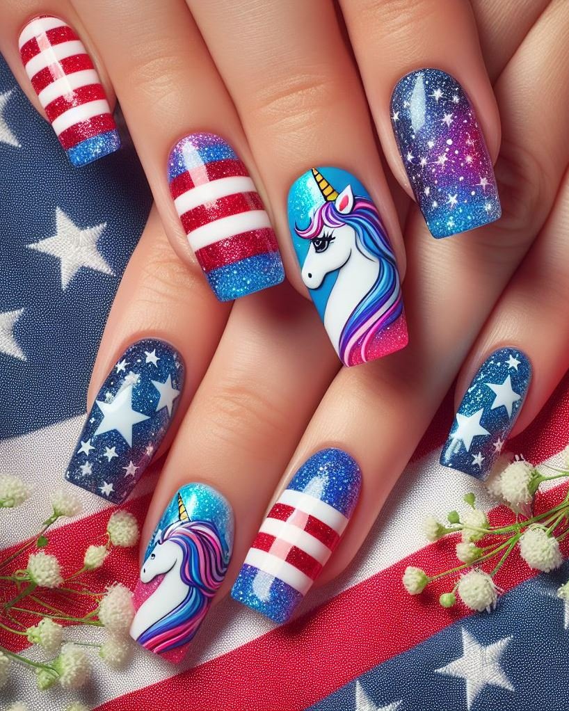 Starry Night Sparkle: Paint your nails a deep navy blue and use a dotting tool to create tiny white stars. On your accent nail, add a shimmering silver unicorn silhouetted against the starry backdrop.
