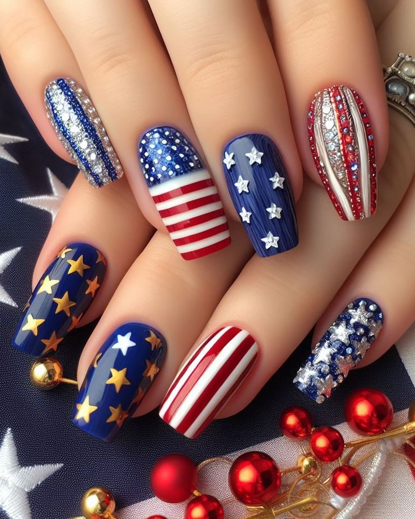Patriotic Flames with Foil: Paint your nails white at the base and transition to a red tip using an airbrush or makeup sponge for a blended flame effect. Finish with a thin blue line near the cuticle. Add a small piece of crumpled gold foil for a metallic touch.