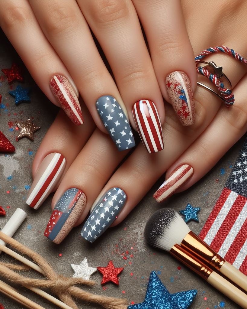 Textured Stars: Use a textured red or blue nail polish to create a raised star design on each white nail.