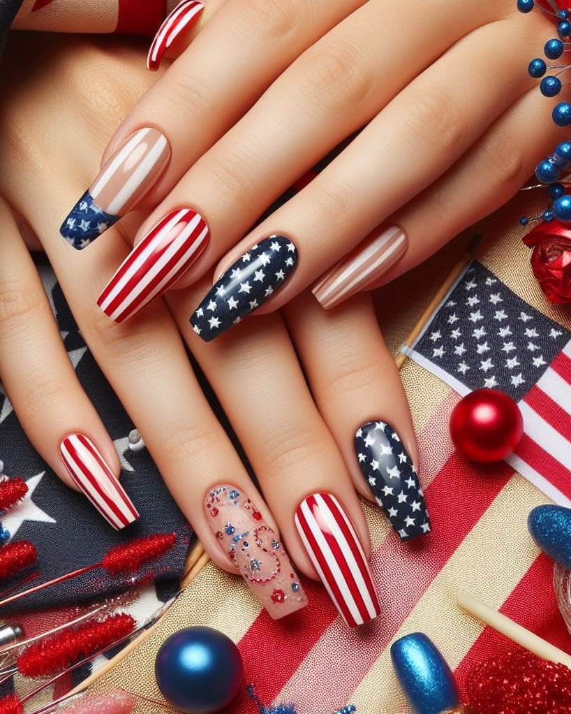 American Flag Wavy Lines: Paint your nails white and use red and blue striping tape to create wavy lines across each nail, mimicking the American flag.