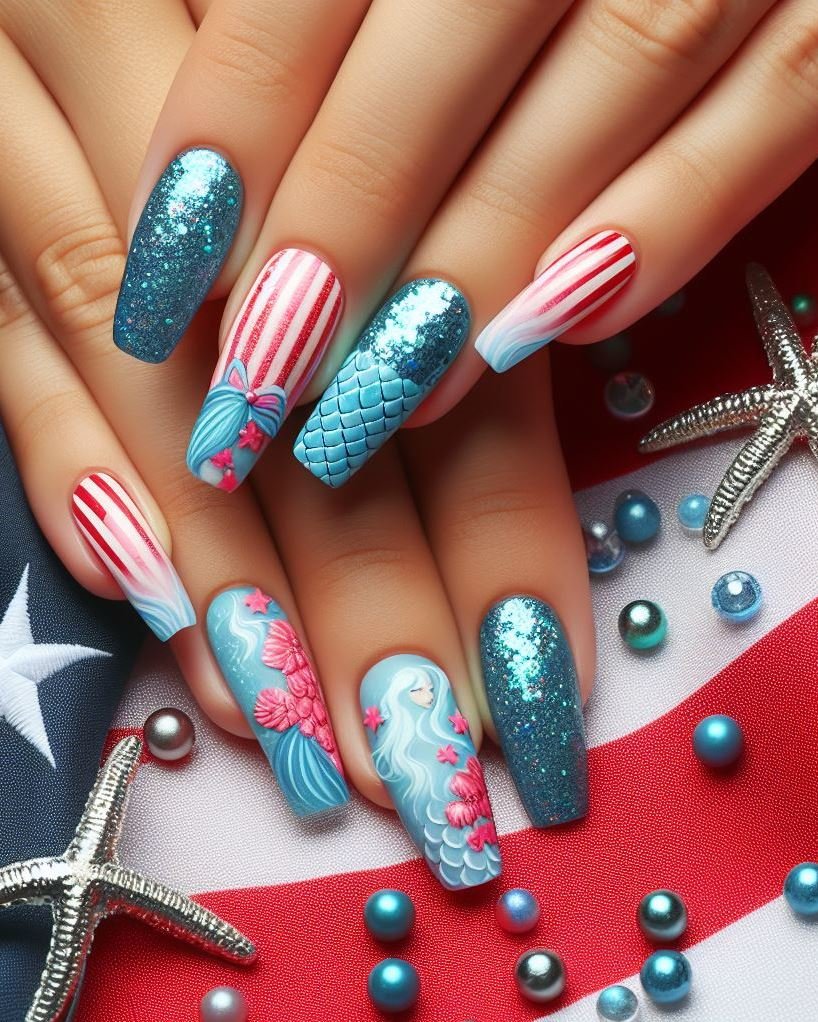 Confetti Nails for Celebrations: Paint your nails white and use a mix of red, white, and blue confetti nail art decorations for a festive and fun look, ideal for all the celebratory events of the 4th of July.