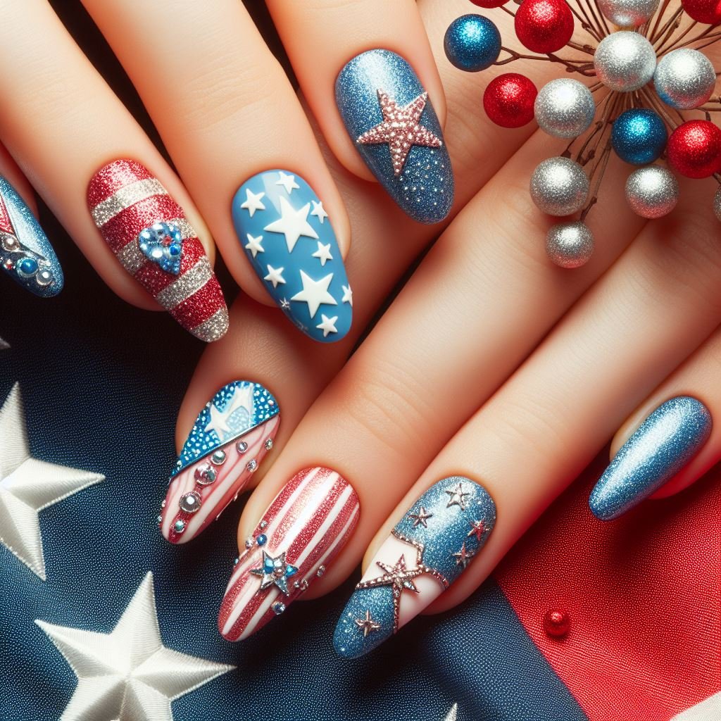 Marbleized Freedom: Paint your nails white and use red and blue nail polish to create a marbled effect with a water marbling technique.
