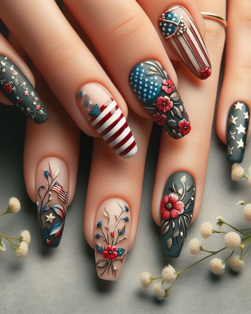 Patriotic Paisleys: Paint a white base and use a stamping plate or freehand drawing to create intricate red and blue paisley designs on each nail.
